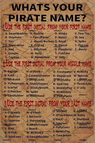 EMOHAT Cartel de metal con texto en inglés "What is your pirate name" (What is your pirate name), cartel de metal para habitación, porche, cocina,