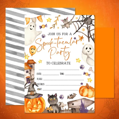 Miniatura 4 de 25 invitaciones espeluznantes de Halloween o fiesta de disfraces: tarjetas grandes de doble cara de 5 x 7 pulgadas con sobres naranjas, calabaza