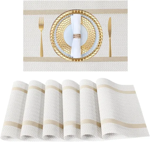 Miniatura 11 de FAVE Juego de 12 manteles individuales negros tejidos con hilo dorado de vinilo para bodas, banquetes, cumpleaños, fiestas, restaurantes