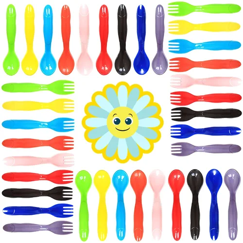 Youngever Juego de 36 utensilios de plástico para niños pequeños, juego de 18 en 9 colores surtidos, tenedores de plástico para niños, cucharas para