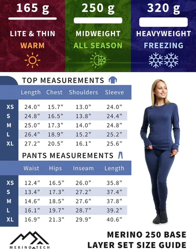Miniatura 6 de Merino.tech Conjunto de capa base de lana merino para mujer, ropa interior térmica ligera de lana merino de peso medio para mujer, parte superior e