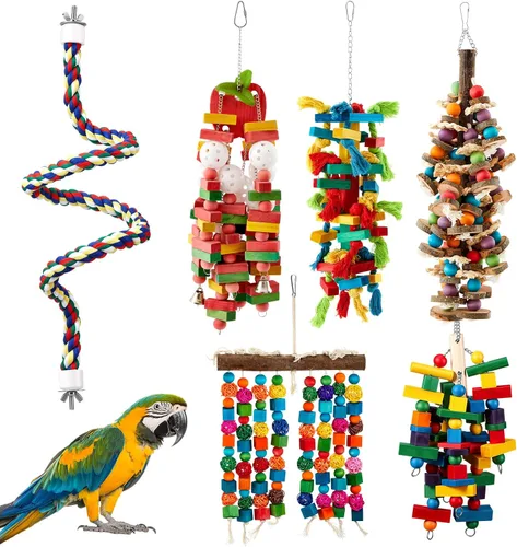 Miniatura 10 de Seenelling 3 piezas de juguete extra grande de loro de madera natural multicolor jaula de loro masticar juguetes para guacamayos grandes medianos