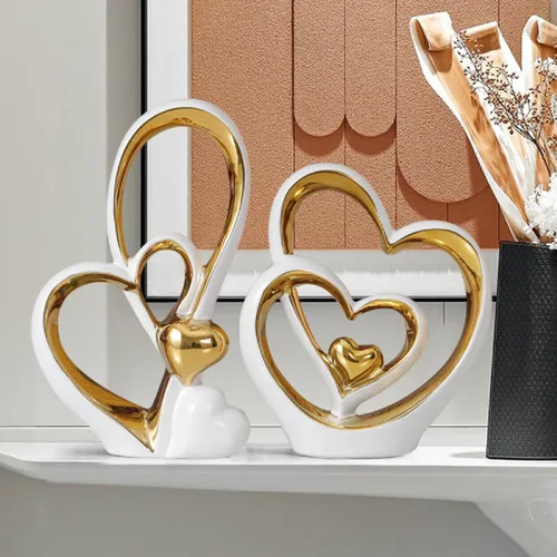 Miniatura 6 de APLUSH Decoración de estatua de doble corazón de porcelana, escultura de artista moderna, decoración del hogar para sala de estar, gabinete de vino