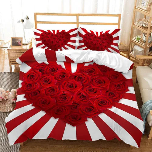 Miniatura 10 de AILONEN - Juego de funda de edredón tamaño individual, diseño de corazones para parejas, juego de ropa de cama rojo y negro, diseño "Yo y tú", juego