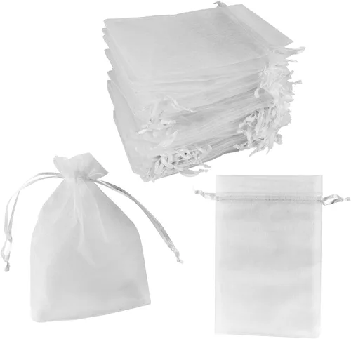 Miniatura 12 de Super Z Outlet Paquete de 100 mini bolsas transparentes de organza transparentes con cordón de 4 x 6 pulgadas, bolsas de joyería para bodas, Dorado