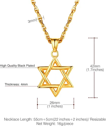 Miniatura 5 de U7 Star of David Necklace for Men Women GoldStainless Steel Hexagon Pendant with CrossRuby StoneClassic Jewish Isael Necklaces, Length 22" 24" 26