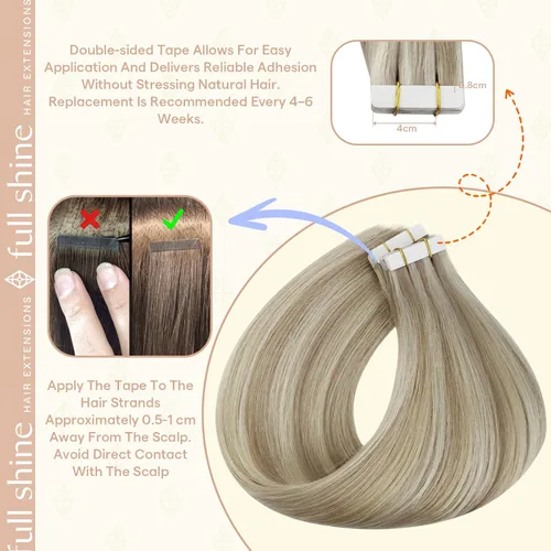 Miniatura 4 de Fshine Extensiones de cabello humano adhesivas de 14 pulgadas, extensiones de cabello humano con cinta adhesiva color rubio ceniza 18 y rubio 22