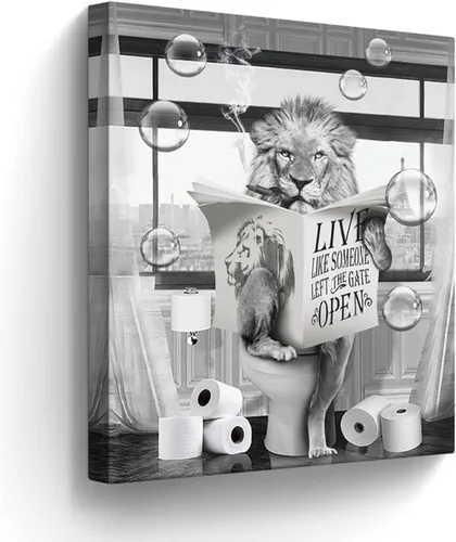 Miniatura 23 de Lienzo decorativo de osos divertidos para pared, cuadros en blanco y negro, decoración de pared de baño, oso sentado en el inodoro, lectura