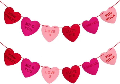 Guirnalda de corazones de fieltro de 2 cuerdas, decoración romántica de color rojo y rosa con dulces mensajes de amor para el día de San Valentín,