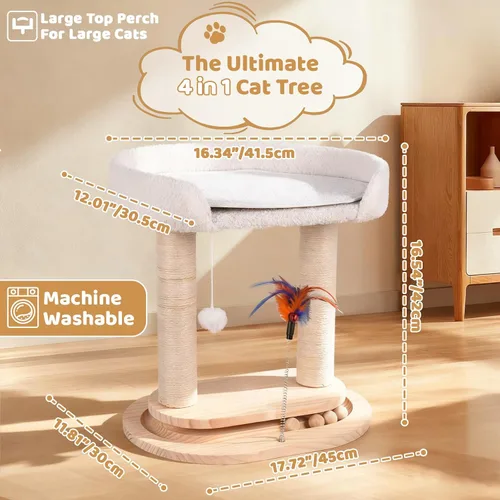 Miniatura 2 de Torre de árbol de madera 5 en 1 para gatos, torre de sisal natural de 16.5 pulgadas de alto con cama, juguete interactivo de plumas para gatos