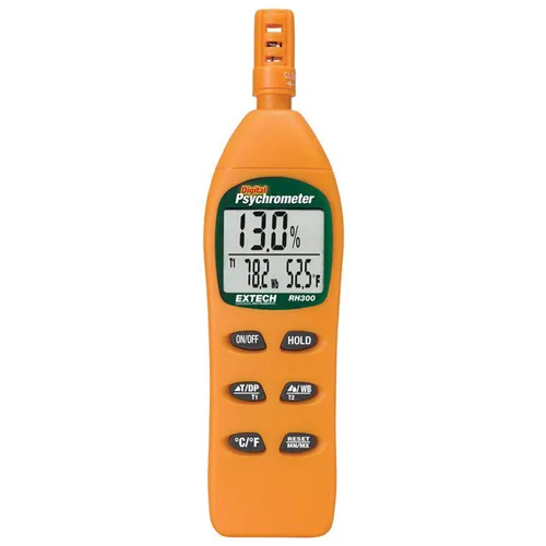 Extech Psicrómetro higro-termómetro RH300, unidades de temperatura de °F/°C conmutables con resolución de 0.1°, retención de datos congela la