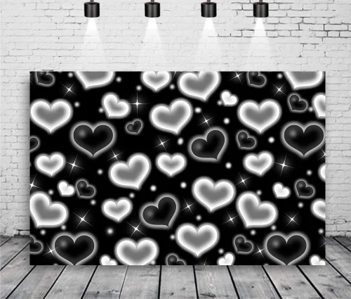 Miniatura 3 de Telón de fondo de corazón negro de 7x5 pies Fondos de los años 90 para sesión de fotos Decoración de San Valentín Banner Accesorios de cumpleaños