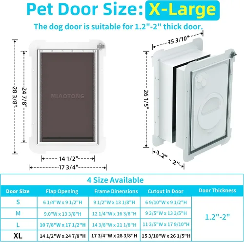 Miniatura 5 de Puerta de perro extra grande de 3 solapas para puertas con panel de bloqueo deslizante, marco de acero y túnel telescópico para mascotas, puerta