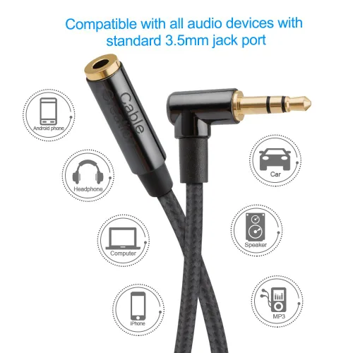 Miniatura 5 de CableCreation Cable de extensión de auriculares de 3.5mm 1.5 pies/0.45 m, cable estéreo de audio de ángulo recto de 3.5mm con cobre plateado