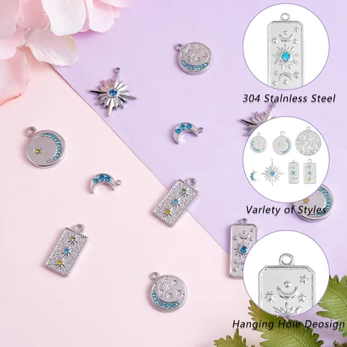 Miniatura 4 de 14 dijes de estrella de luna 304 de acero inoxidable con diamantes de imitación colgantes para manualidades, joyas, collares, aretes, suministros