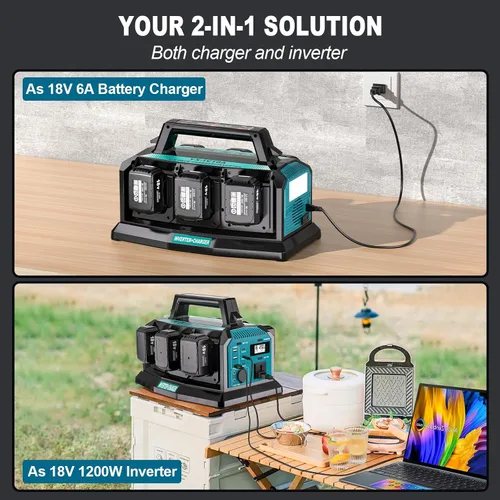 Miniatura 2 de Cargador inversor portátil 2 en 1, inversor de onda sinusoidal pura de 1200 W y cargador rápido de 6 A para batería Makita de 18 V, convertidor de 6