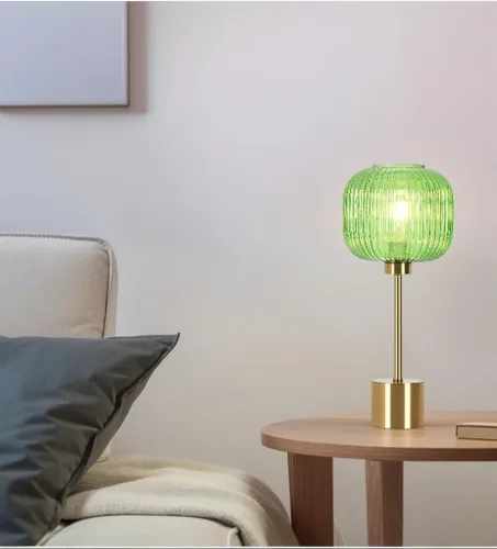 Miniatura 8 de Lámpara de mesa de cristal verde con 3 vías regulable y control táctil, lámpara de mesita de noche vintage moderna de mediados de siglo