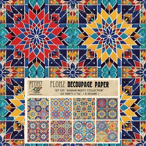 Miniatura 5 de Decoupage - Paquete de papel (24 hojas de 6 x 6 pulgadas), bordes arabescos persas FLONZ, papel de estilo vintage para decoupage y manualidades Cinco