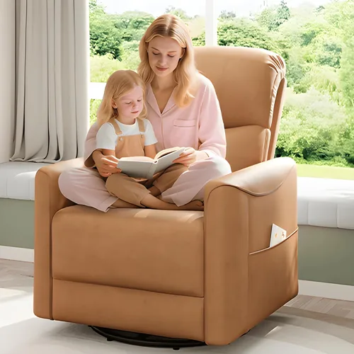 Welzona Sillón reclinable giratorio con alimentación, silla mecedora para guardería de giro de 360°, sillón mecedora deslizante de cuero PU, silla