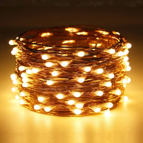 Miniatura 2 de RUICHEN Cadena de luces LED de alambre de cobre regulable de 33 pies, 100 luces LED enchufables con control remoto, blanco cálido