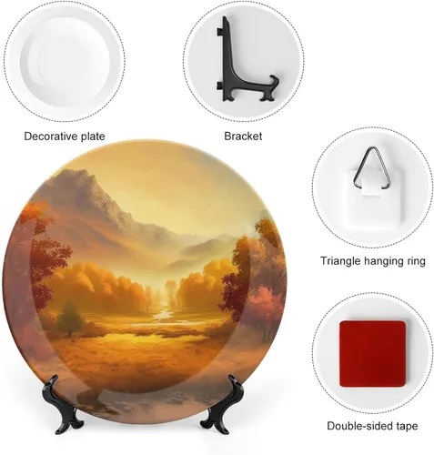 Miniatura 3 de Platos decorativos de otoño para colgar en la pared, pintura de montaña y río, bosque otoñal, placa de cerámica con soporte de exhibición, Otoño