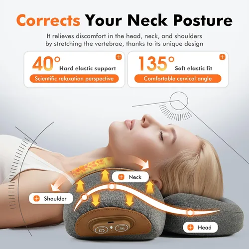 Miniatura 3 de Almohada masajeadora de cuello 3 en 1 con calefacción y tracción cervical, almohada cervical ergonómica para aliviar el dolor de cuello, espalda