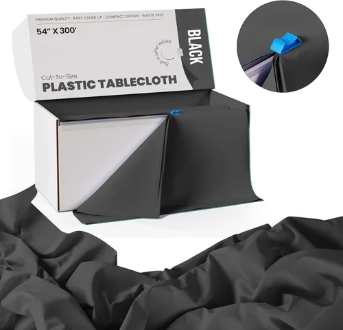 Miniatura 2 de Party Solids Rollo de Mantel de Mesa de Plástico Negro de 54 Pulgadas X 300 Pies en una Caja de Corte a Medida con Conveniente Cortador Deslizante.