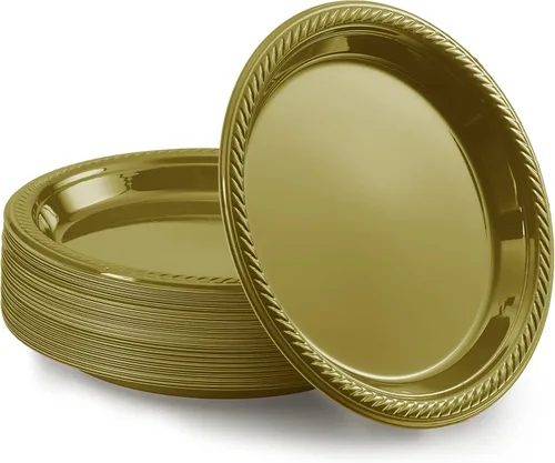 Amcrate Platos desechables dorados de plástico para postres de 7 pulgadas, ideales para bodas, fiestas, cumpleaños, cenas, almuerzos (paquete de 50)