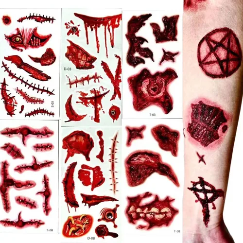 Tatuajes temporales de cicatriz de Halloween, impermeable, 3D, para fiesta de zombies, tatuaje temporal, simulación realista de herida de sangre