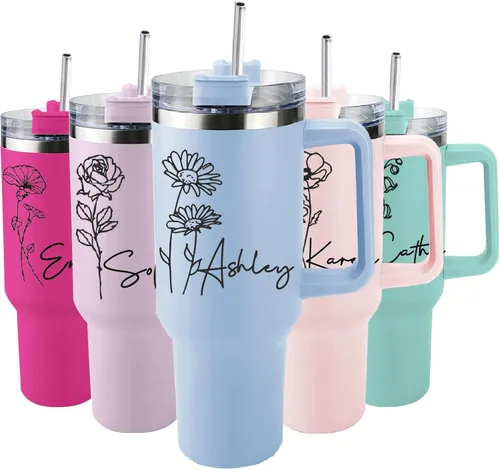 Se envía al día siguiente, vaso térmico de 40 onzas con asa y sorbete con flor de nacimiento, vaso personalizado con nombre, taza aislada 02-Vaso de