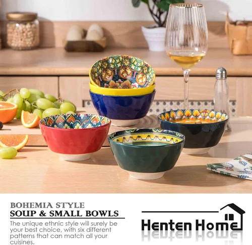 Miniatura 5 de Henten Home Juego de 6 cuencos pequeños para postre, juego de cuencos de arroz de cerámica de 12 onzas, cuencos coloridos de porcelana para Bohemio