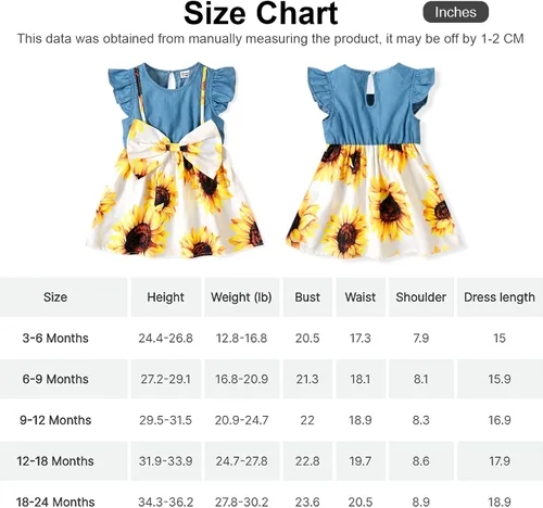 Miniatura 7 de PATPAT Vestidos de verano sin mangas para niña pequeña, ropa de verano para bebé, mezclilla con lazo, falda floral, vestido de verano de 3 a 24 meses