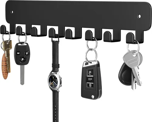 pickpiff Soporte para llaves de pared, soporte adhesivo para llaves con 8 ganchos para llavero de automóvil, organizador de llavero de metal, negro,