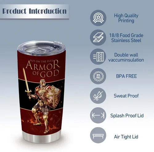 Miniatura 2 de Regalos de Apreciación para Pastores, Ponte Toda la Armadura de Dios Vaso de Café Aislado de Acero Inoxidable de 20 Oz con Tapa, Regalos Cristianos