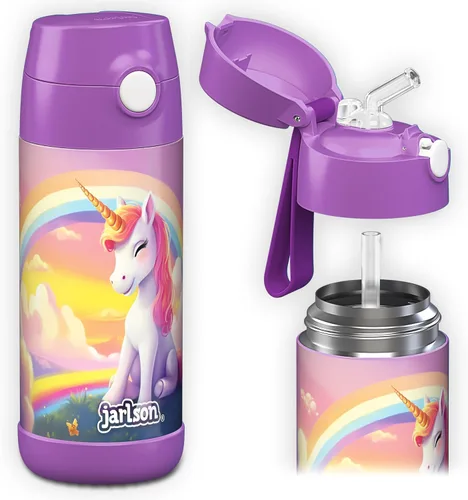 Miniatura 31 de Jarlson® CHARLI - Botella de agua para niños [12 onzas], botella térmica de acero inoxidable con pajilla, botella de agua aislada a prueba
