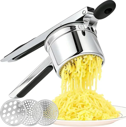 AHFLRITO Ricer de patatas, Ricer resistente para puré de patatas, Triturador de patatas grande de acero inoxidable con mango ergonómico, eficiente