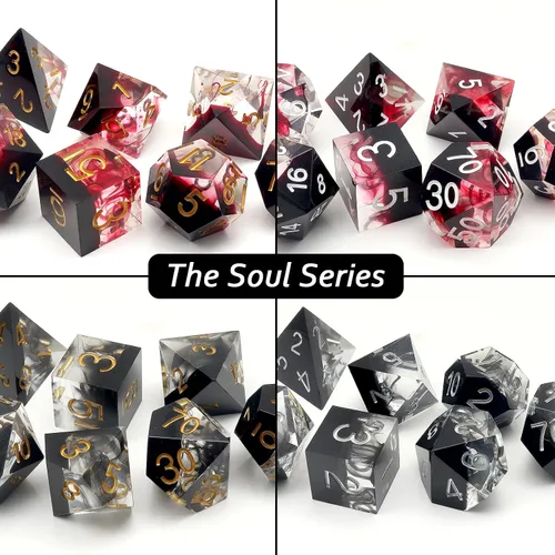 Miniatura 6 de Haxtec Juego de Dados de Borde Afilado DND Juego de Dados con Estuche de Dados Hecho a Mano de Resina con Remolinos Negros Juego de Dados D&D