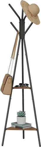 VASAGLE Perchero Independiente, Soporte para Colgar Ropa, Árbol de Pasillo con 2 Estantes, para Ropa, Sombrero, Bolso, Estilo Industrial, Marrón