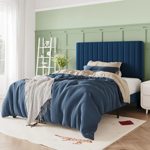 Miniatura 29 de Allewie - Base de cama tamaño King con cabecera acolchada tapizada en terciopelo y diseño acanalado vertical ajustable; plataforma de cama con base