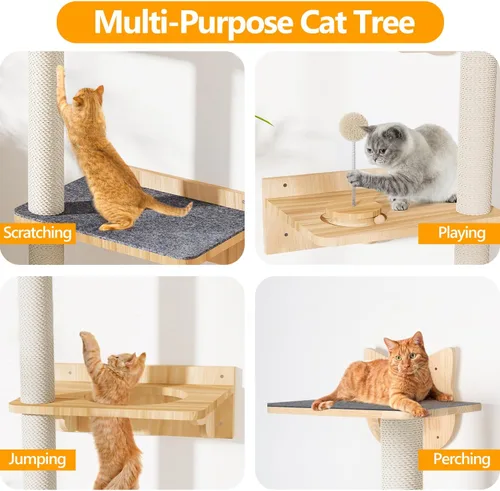 Miniatura 4 de Árbol para gatos montado en la pared con 2 alfombras antideslizantes, poste rascador de sisal de 63 pulgadas de alto y estantes para gatos con bola
