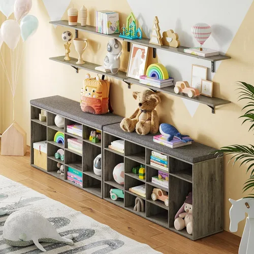 Miniatura 2 de DINZI LVJ Banco de almacenamiento de zapatos con cojín, zapatero de 14 compartimientos, estantes ajustables, banco organizador de zapatos Gris lavado