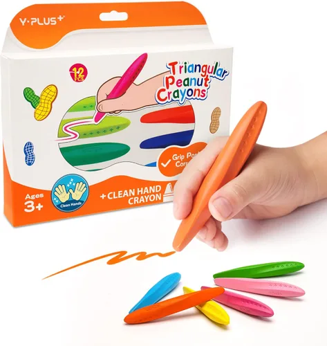YPLUS Crayones triangulares para niños, crayones lavables para niños pequeños, 12 colores, no tóxicos, corrección de postura, suministros de arte