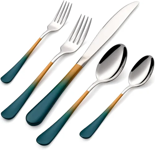 Miniatura 31 de Juego de 20 piezas de cubiertos de color para 4, juego de cubiertos de acero inoxidable con mango verde y gris, incluye juego de tenedores, cucharas