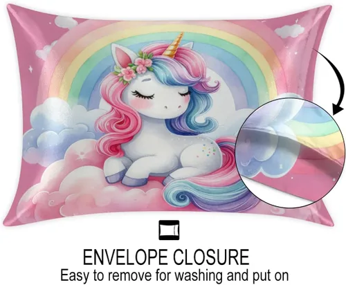 Miniatura 2 de Funda de almohada de satén de unicornio rosa lindo para cabello y piel, tamaño estándar, funda de almohada de seda suave de satén refrescante