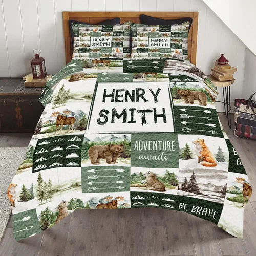 Miniatura 18 de ENCYCOM Edredón personalizado de oso bosque, edredón de animales del bosque, mejor juego de edredón decorativo único para cama colgante en la pared