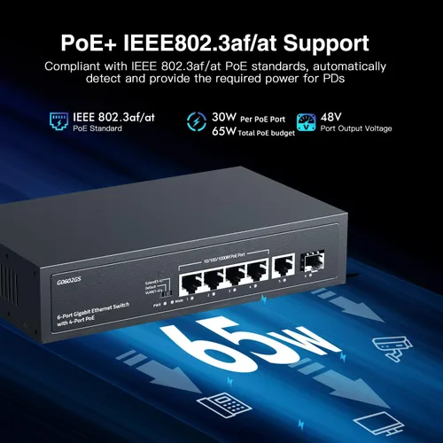 Miniatura 3 de Conmutador PoE Gigabit de 6 puertos, 4 POE+, 1 enlace ascendente, 1 SFP, IEEE802.3af/at, máx. 65W, VLAN y PoE Extend 820.2 ft, conmutador Ethernet