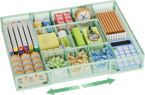 Miniatura 13 de Marbrasse Organizador de Cajón de Escritorio Expandible, Bandeja Organizadora de Cajón de Malla con 10 Compartimentos Ajustables, Organizadores