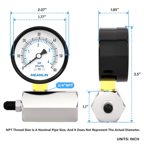 Miniatura 2 de MEANLIN MEASURE 0-60Psi 2" medidores de presión de prueba de aire graduados dobles de acero, conexión FNPT de 3/4", precisión de -3-2-3%