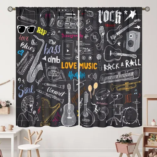 Miniatura 43 de Cortinas de notas musicales, rústicas, mágicas, notas musicales, arte retro, piano y violín, cortina con bolsillo para barra para dormitorio, sala
