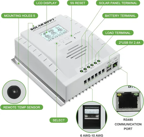 Miniatura 4 de MPPT Controlador de carga de 60 amperios, 12 V/24 V, regulador de carga de panel solar de 60 A con pantalla LCD de luz negra, máximo 100 V para gel